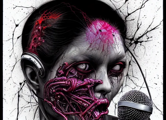 Image similar to a dream microphone in a dystopic world full of aberration, black & white, melting, webbing, 8 k, by tristan eaton, stanley artgerm, tom bagshaw, greg rutkowski, carne griffiths, ayami kojima, beksinski, giger, trending on deviantart, face enhance, hyper detailed, minimalist, horror, alien