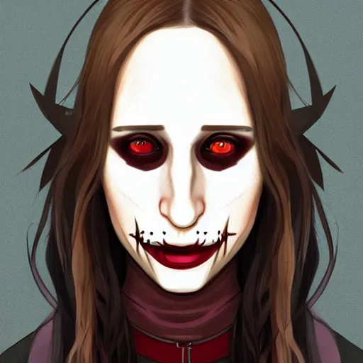 Prompt: pretty female Taissa Farmiga vampire, Jamie McKelvie comic art, Peter Mohrbacher sharp vampire teeth, sarcastic smile showing teeth, symmetrical eyes, realistic face, symmetrical face, brown leather jacket, jeans, long black hair, full body