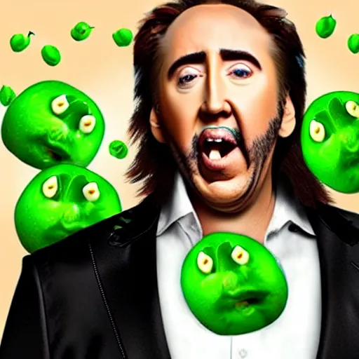 Prompt: nicolas cage screaming covered in peas