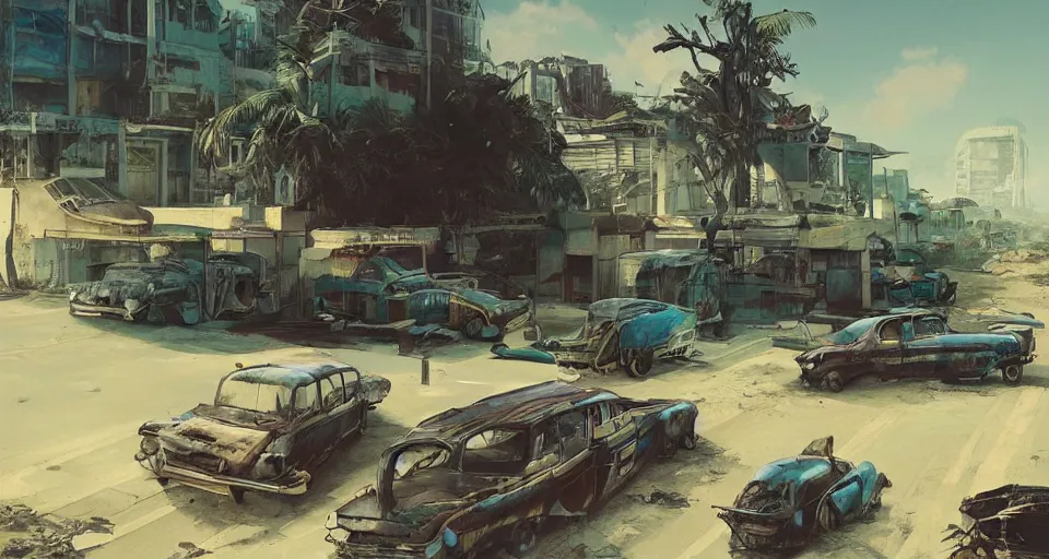 Image similar to fallout 5, tropical coastal city in real life, desolate, dilapidated, small settlements, abandoned retro futuristic vintage car and truck, buses, trees run rampant, illustration, perfectly shaded, oft painting, art by krenz cushart and wenjun lin