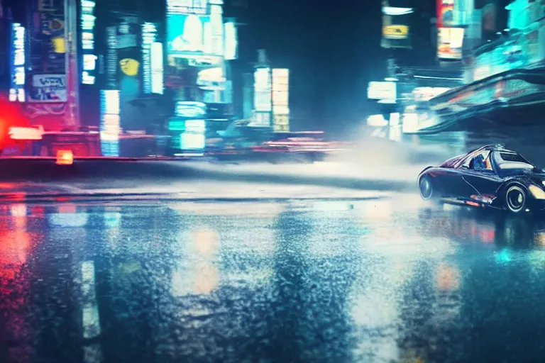 Prompt: a 1 9 3 5 mclaren f 1, speeding down tokyo highway in the rain, night time, neon lights, thunderstorm, movie still from the movie bladerunner 2 0 4 9