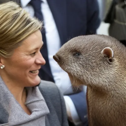 Image similar to Danish prime minister Mette Frederiksen bitten by a mink