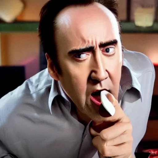 Image similar to nic cage but he is playing the hamburgler, movie still, hd digital photography