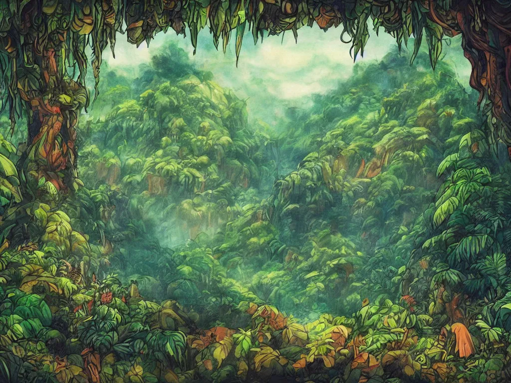 Prompt: A beautiful painting of a jungle, in the style of Howl\'s moving castle