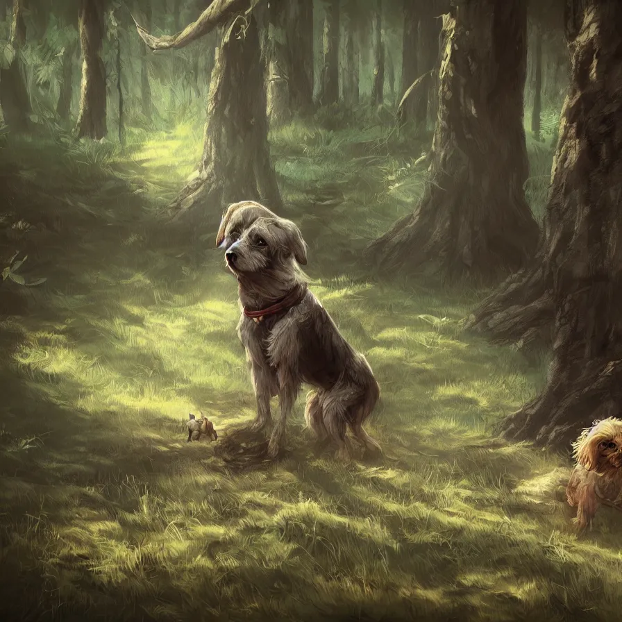 Prompt: photo of a dog in the woods ilustration, concept art, sharp focus, ArtStation