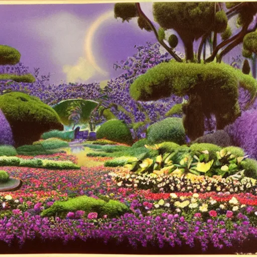 Prompt: flowery garden, matte painting from Fantasia (1940)