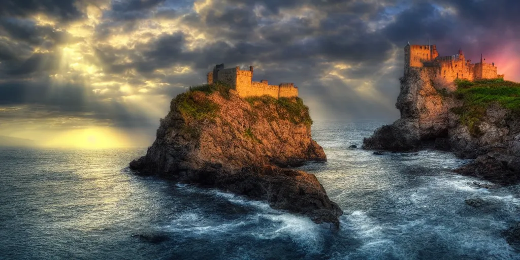 Image similar to A castle by the cliff next to the sea, dawn setting, HDR, god rays,4k hd wallpaper, photo realistic, high detail