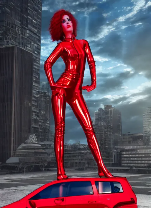 Image similar to Woman with a complex (red, shiny) Raypunk outfit standing on top of a Raypunk car, full body shot, hyperrealism, 4K HD