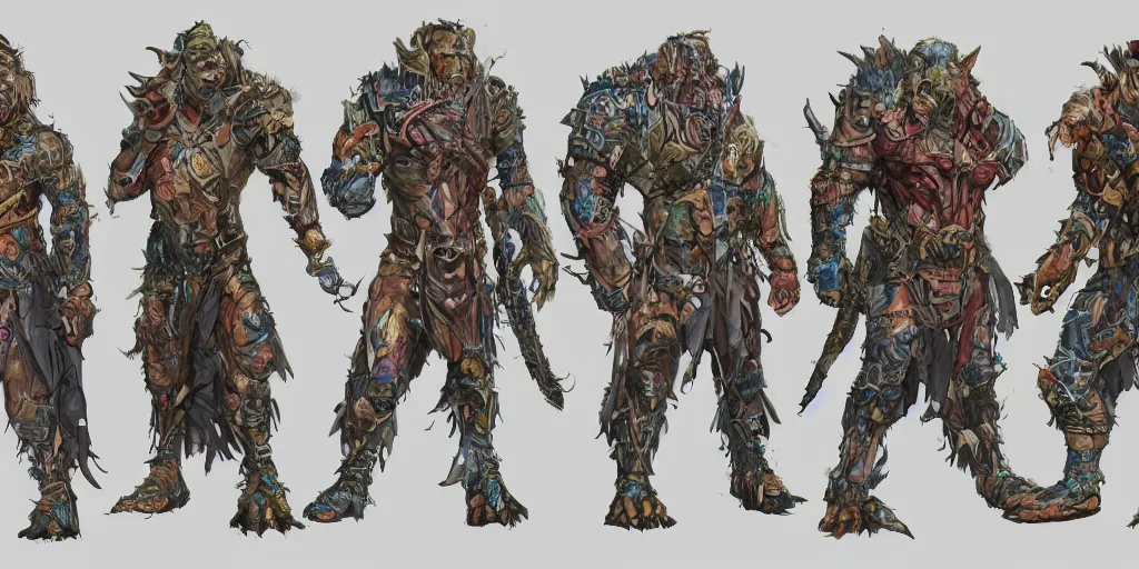 Image similar to different views of orcs, colourful intricate!! concept art by senior character artist, trending on artstation, full body character design