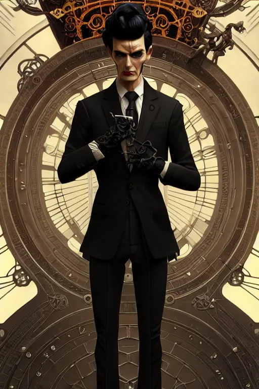 Image similar to ultra realistic, thin man in expensive modern business suit, black hair, brown eyes, occult jewelry, goth, fantasy, intricate details, eerie, highly detailed, octane render, 8 k, art by artgerm and alphonse mucha and greg rutkowski