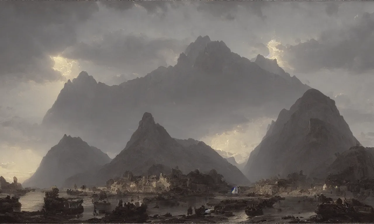 Image similar to great hall under the mountain, in the far distance a red glow. andreas achenbach, zack snyder, tokujin yoshioka