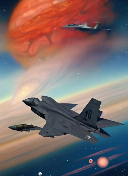 Image similar to poster artwork by michael whelan and tomer hanuka, a portrait, f 3 5 jets dogfighting in the clouds of jupiter, clean