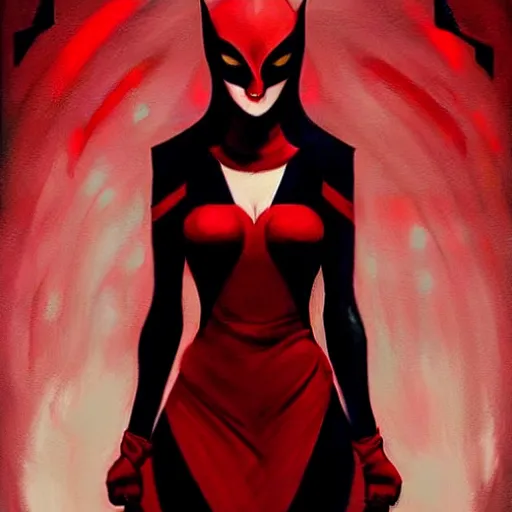 Image similar to rafael albuquerque comic art, peter mohrbacher, artgerm, joshua middleton, pretty evil elizabeth olson demon, black and red dress, symmetrical eyes