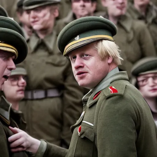 Image similar to movie scene boris johnson in ussr soldiers uniform, photorealistic, highly detailed 8 k