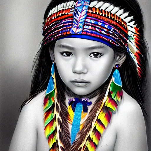 Image similar to portrait of native american 7-year-old girl with head dress in the style of artgerm, wlop, digital art, close-up, insanly detailed