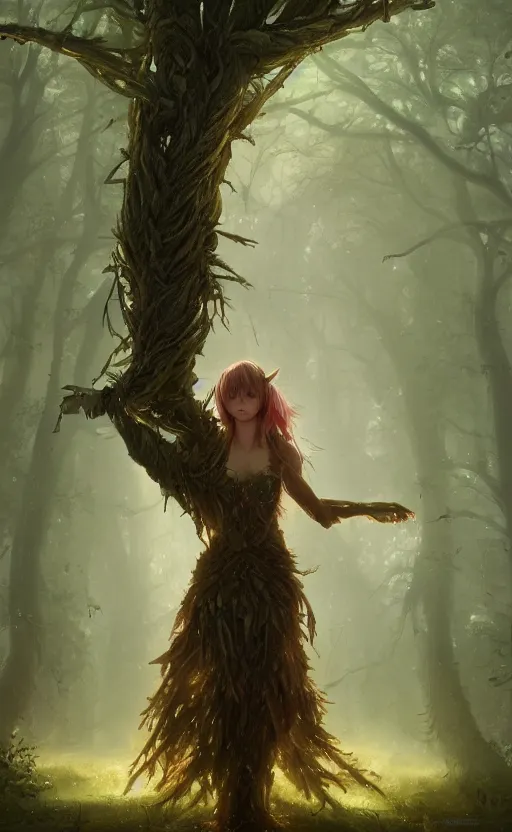 Prompt: a girl from final fantasy live action, cosplaying as a tree, evocative, mystical night, very very very very detailed, award winning, masterpiece digital painting by greg rutkowski, alex grey, artstation, 4 k wallpaper