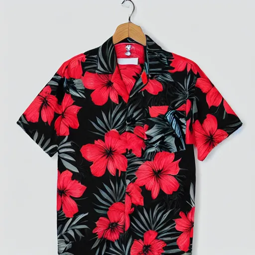 Prompt: aloha shirt black flower on red, photograph, realistic, filmic, cinematic