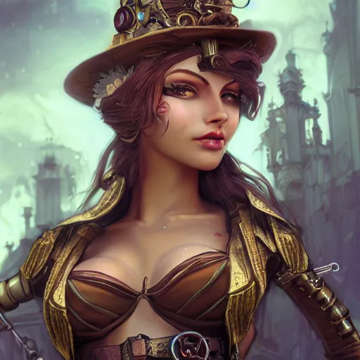 Image similar to fantasy woman in steampunk town, details face, detailed body, unreal engine, by popular digital artist, digital, artstation, detailed body, heavenly atmosphere, digital art, overdetailed art, trending on artstation, cgstudio, the most beautiful image ever created, dramatic, award winning artwork, beautiful scenery