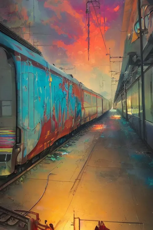 Image similar to trains covered colorful graffiti with paint drip, greg rutkowski, and moebius and loish and artgerm, painterly, illustration, sunset lighting, beautiful artist rendering, gorgeous