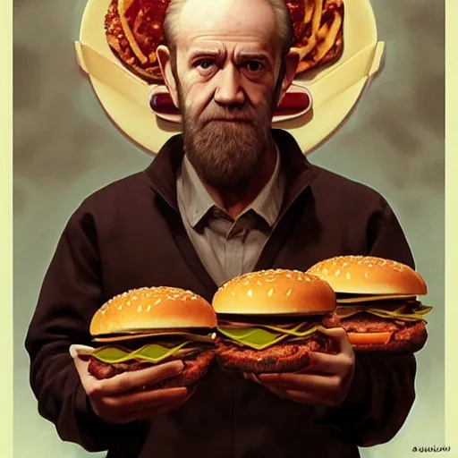 Prompt: portrait of george carlin eating hamburgers, extra onions and ketchup, luscious patty with sesame seeds, feminine ethereal, handsome, d & d, fantasy, intricate, elegant, highly detailed, digital painting, artstation, concept art, matte, sharp focus, illustration, art by artgerm and greg rutkowski and alphonse mucha