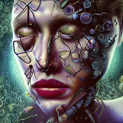 Image similar to full face close up portrait, sandman's visions of chaos in a cybernetic dream, by peter woodroffe, by igor morski, by laurie lipton, in a jungle, cinematic lighting, volumetric lighting, neosurrealism, realistic shadows, particle effects, rendered in octane, noir, electric, cosmic, cybernetics, dream