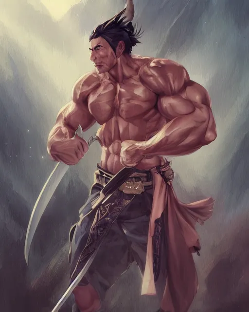 Image similar to A muscular man with fox ears and a katana wearing a kimono, visualartzi, Japanese, concept art by Karla Ortiz, James Paick, Charlie Bowater, Krenz Cushart, highly detailed, ultra detailed, ultra realistic, trending on artstation, cgstudio