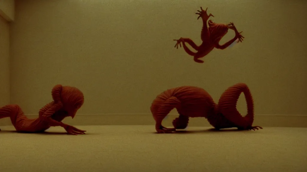 Prompt: a strange creature crawls on the living room ceiling, film still from the movie directed by Wes Anderson with art direction by Zdzisław Beksiński, wide lens