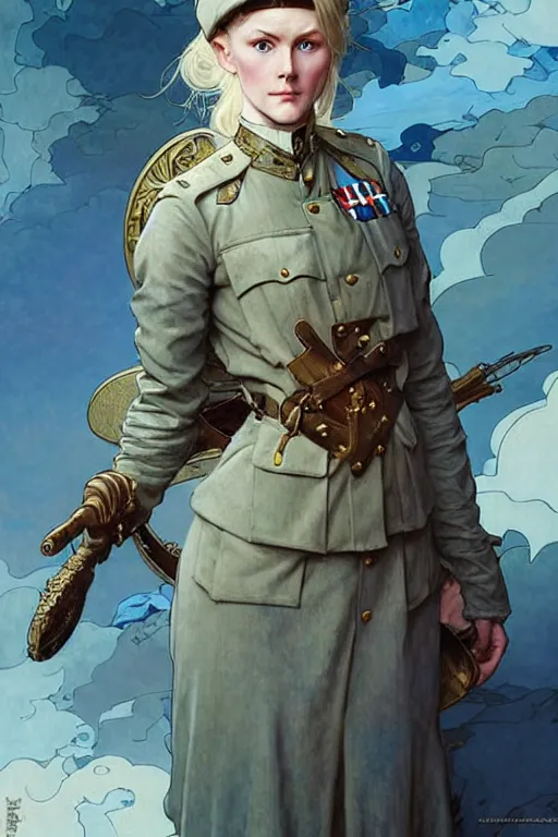 Image similar to beautiful nordic woman wearing world war 1 uniform, blue eyes, fantasy highly detailed, intricate, smooth, art by joseph leyendecker, peter mohrbacher, ruan jia, marc simonetti, ayami kojima, cedric peyravernay, alphonse mucha, victo ngai