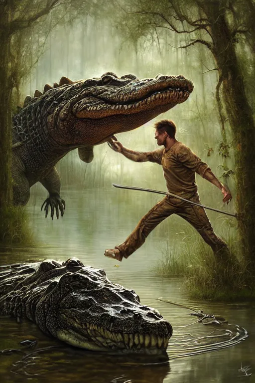 Image similar to a man fighting a giant alligator in a swamp by tomasz alen kopera.