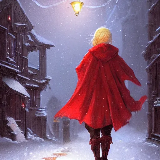 Prompt: blond girl in red cloak walks through snowy village by lamplight, detailed intricate ink illustration, dark atmosphere, detailed illustration, hd, 4k, digital art, overdetailed art, concept art, by greg rutkowski, by loish, complementing colors, Trending on artstation, deviantart