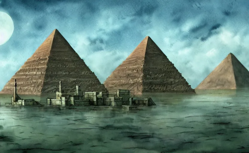 Image similar to a realistic and atmospheric cell - shaded watercolor concept art from howl's moving castle ( 2 0 0 4 ) of a sci - fi city and an egyptian pyramid complex in a flooded rainforest. very dull muted colors, hd, 4 k, hq