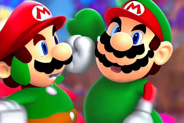 Prompt: a photo of mario punching yoshi in the face, photorealistic, 8 k