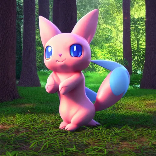 Prompt: nymph render of a very cute 3d Mew pokemon, adorable eyes, cute smile, full round face, bright sunny time, serene forest setting, medium shot, mid-shot, highly detailed, trending on Artstation, Unreal Engine 4k