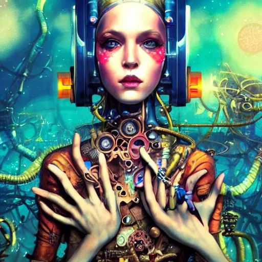 Image similar to acid trip of a lofi biopunk steampunk portrait in space but also underwater, Pixar style, by Tristan Eaton Stanley Artgerm and Tom Bagshaw.