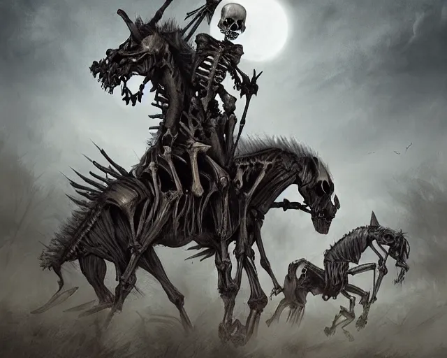 Image similar to evil skeleton riding evil skeleton horse in tatters in front of an army of evil skeleton soldiers against a dark and stormy night, illustration, by ( kieran yanner ) ( miranda meeks ) ( anna podedworna ) ( cristi balanescu ), digital art