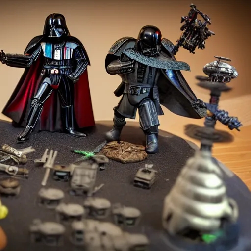 Prompt: Darth Vader collects miniature battles of Warhammer 40,000 space marine figurines on his desktop at a table with a bright lamp, realism, depth of field, focus on Darth Vader,