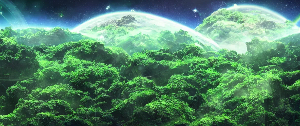 Image similar to a lush green crumbling island floating in space, debris, center of image, planets, stars, rainbows, nebula, asteroids, studio ghibli style, detailed, depth of field