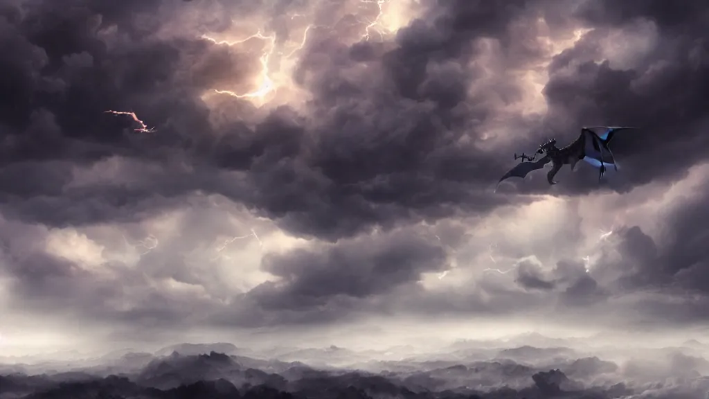 Prompt: A dragon flying through a stormy sky, in the style of Cliff Childs, cinematic lighting, trending on artstation, superb resolution, photorealistic