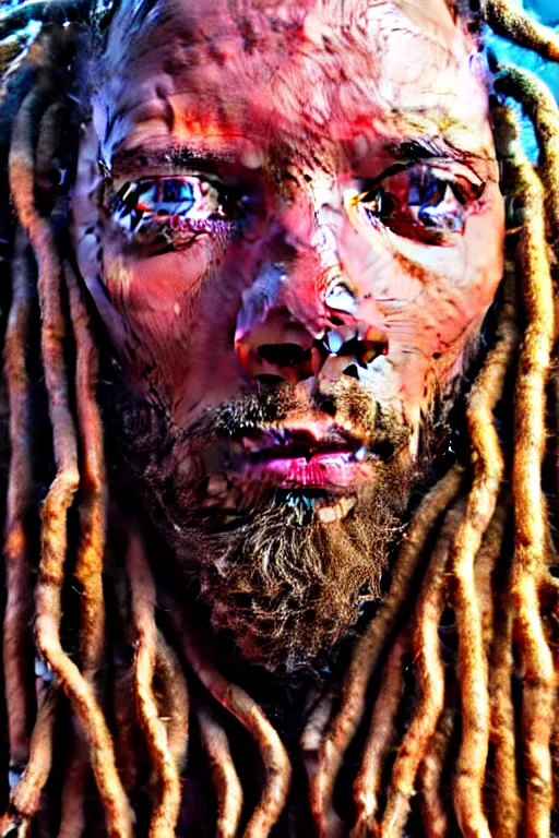 Image similar to hyperrealistic close - up portrait of psychedelic!!!!!!!!!! neuro - shaman dreadlocks hippy highly detailed concept art eric zener elson peter cinematic hard lighting high angle hd 8 k sharp shallow depth of field, inspired by denis villeneuve and zdzisław beksinski