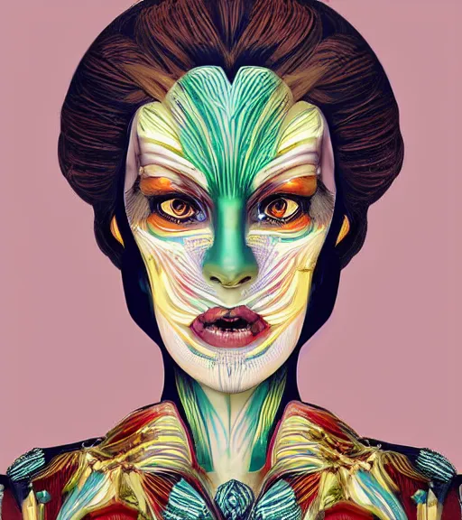 Image similar to beautiful female character inspired by venice carnival and pop art sigourney weaver | | digital artwork made by greg rutswork, anna dittmann and lois van barlee, symmetrical, anatomically correct