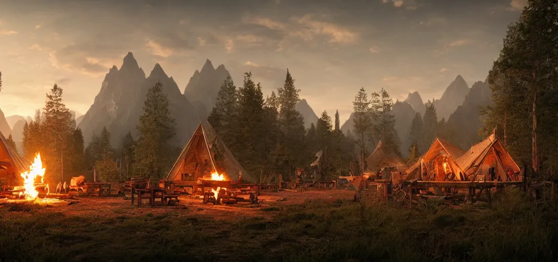 Prompt: longhouse, campfire, teepee, very detailed, octane render, realistic, 8 k, unreal engine 5, dramatic, volumetric, trees,, majestic mountains, sunrise, beautiful clouds, greg rutkowski