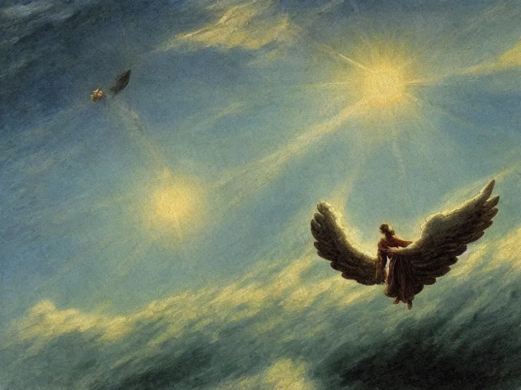 Prompt: biblical angel in the sky flying on the sea painted by caspar david friedrich