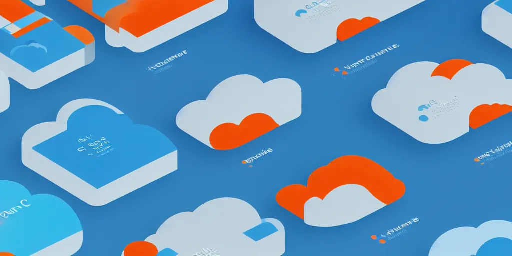 Image similar to Cloud servers, network, isometric view from above. Minimalistic design, contemporary design, infographics. Logo, Abstract Design. Blue, cyan and orange palette. Vivid, 8K, Epic, Masterpiece