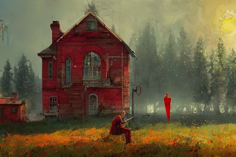 Prompt: a man in red playing the violin next to a yellow lightinghouse, the sun is shining and the ocean is blue, Painting, Fine Art, Unreal Engine, Ismail Inceoglu, Ivan Shishkin