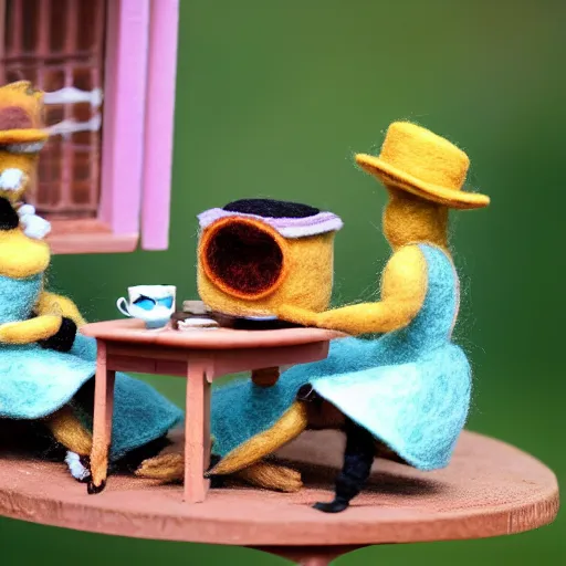 Prompt: an anthropomorphic stop motion little worker bee having a tea party with another worker at the entrance of their hive while on break, both are wearing victorian dresses, photography, felt, plush, yarn, high resolution, photorealistic, national geographic