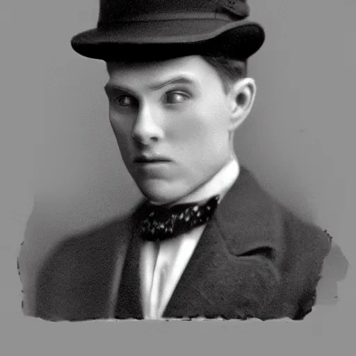 Image similar to A photograph portrait of Jerma985 wearing a bowler hat in the early 1920s, taken in the early 1920s, grainy, taken on a early 1900s Kodak Camera, realistic, hyperrealistic, very realistic, highly detailed, very detailed, extremely detailed, detailed, digital art, trending on artstation