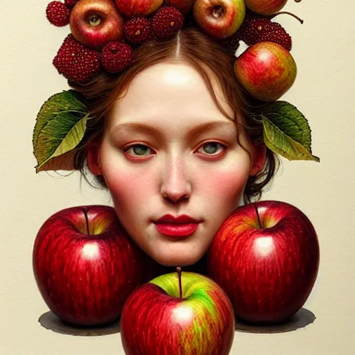 Image similar to portrait made of apples and fruit, fantasy, intricate, elegant, highly detailed, lifelike, photorealistic, digital painting, artstation, illustration, smooth, sharp focus, art by scott davidson, albert aublet, krenz cushart, artem demura, mucha, giuseppe arcimboldo