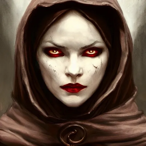 Prompt: masterpiece portrait of a crimson skinned surly and resentful female tiefling thief with pure black eyes and horns wearing a black hooded cloak and a thief's leather garb, by Greg Rutkowski, as seen on ArtStation, 4k, dungeons and dragons, very aesthetic, very detailed, intricate, unreal, fantasy, dramatic, painterly, artstation, sharp focus, smooth