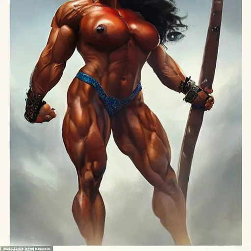 Prompt: a very beautiful portrait of a hulking herculean bodybuilder muscular musclebound bodybuilder woman as he - man, very beautiful face, pretty face, very detailed eyes, highly detailed, muscular, by wlop, greg rutkowski, simon bosley