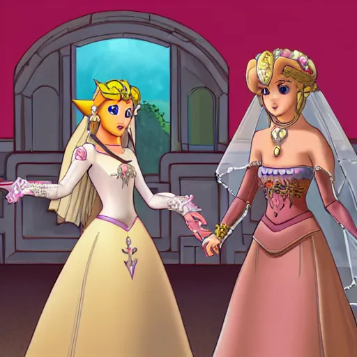 Image similar to the lesbian wedding of princess peach and princess zelda, photo, photograph, film